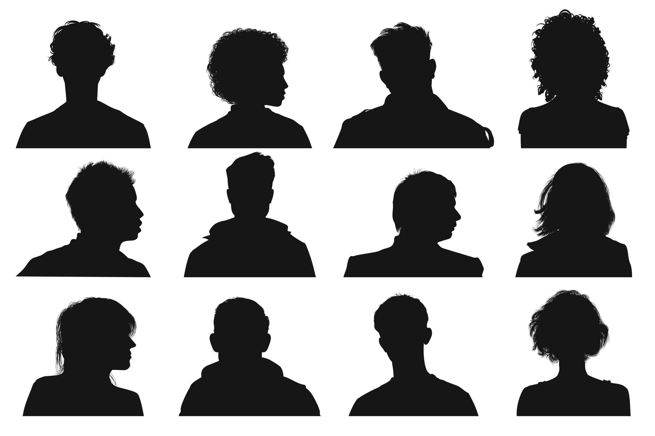Silhouette menschlicher Köpfe und Gesichter von vorne und von der Seite.