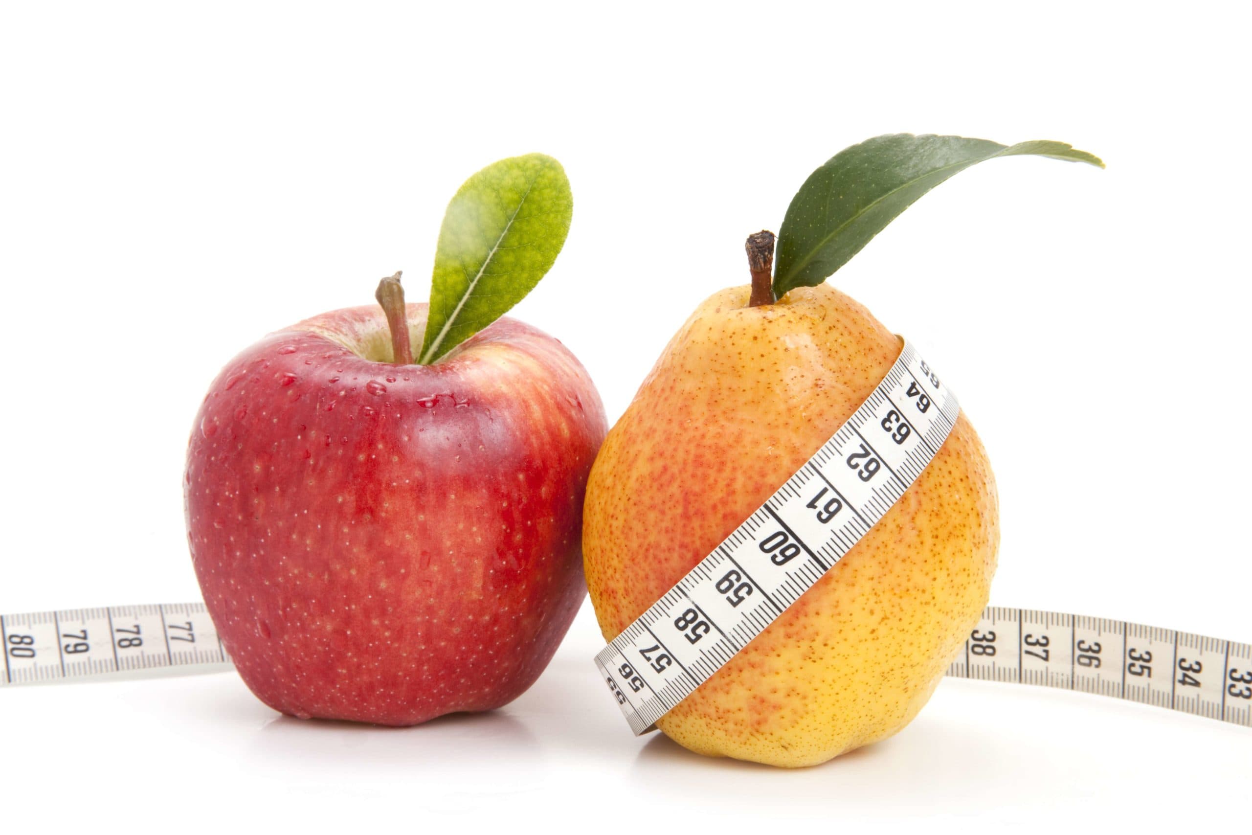 «Measuring tape around the Pear and apple , isolated on white background. Healthy lifestyle diet concept and idea image. Vibrant Color fruits. Organic food and healthy eating.»