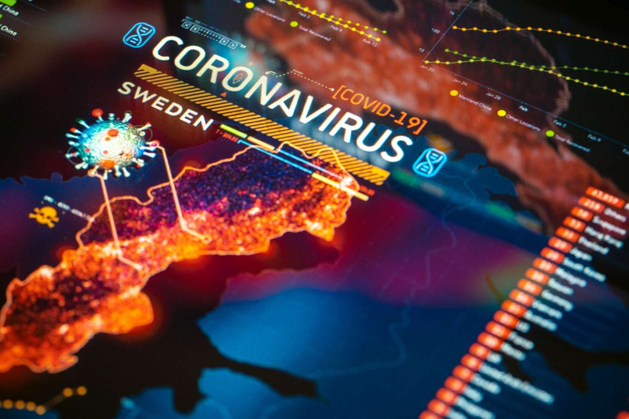 Coronavirus (COVID-19) Ausbruch in Schweden Statistik Nahaufnahme auf digitaler Anzeige. Quarantänekarte.