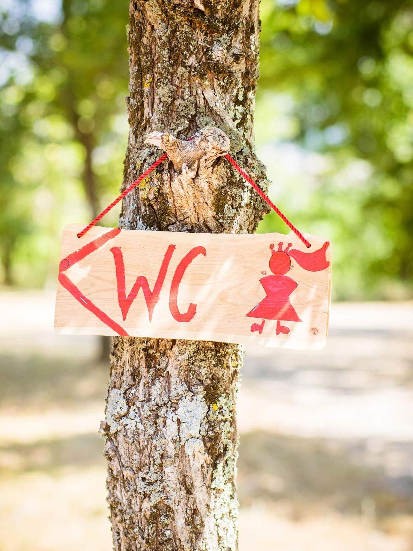 WC Schild aus Holz hängt am Baum