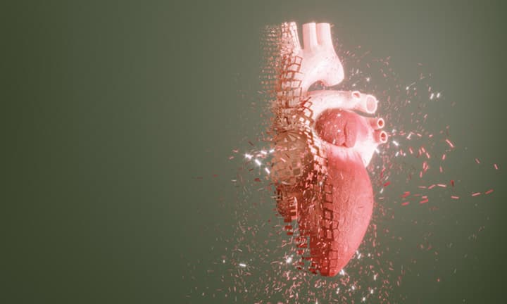 Digital generated dissolving human heart, symbolizing heart health. ( 3d render )