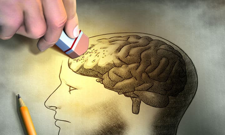 Someone is erasing a drawing of the human brain. Conceptual image relating to dementia and memory loss. Digital illustration.