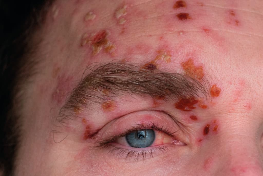 visage d'un homme souffrant de zona au 7ème jour de maladie.