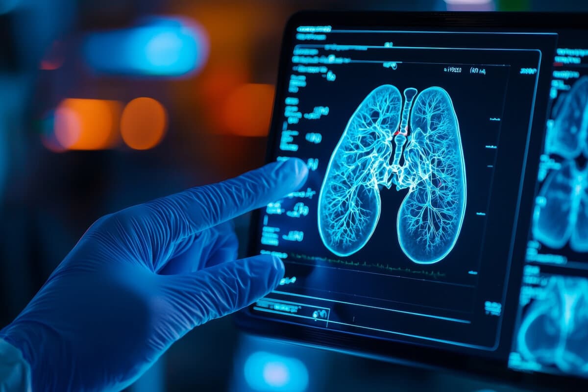 A healthcare professional examines a digital lung scan on a tablet in a modern medical facility with blue lighting.