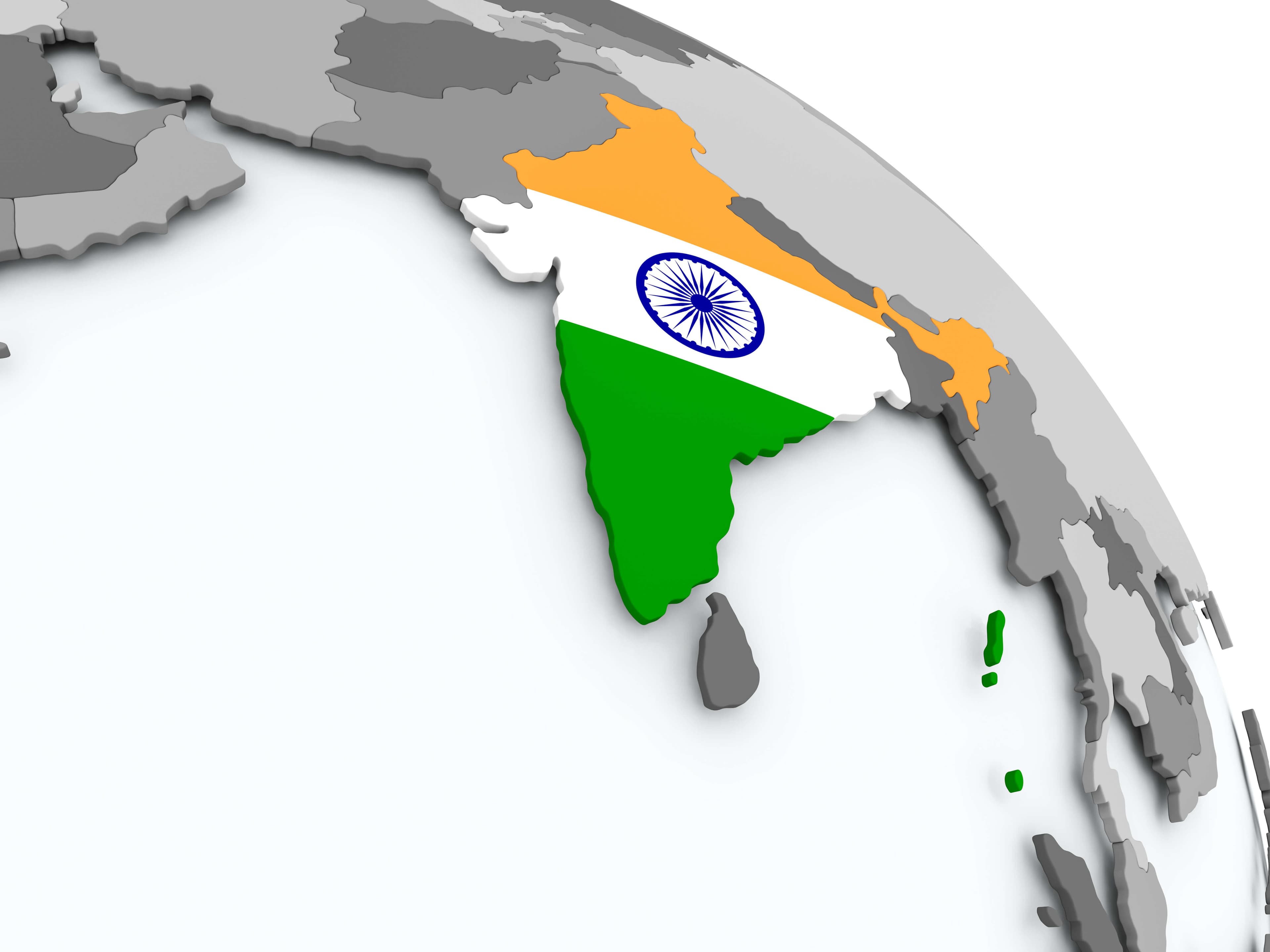 India on globe with flag. 3D illustration.