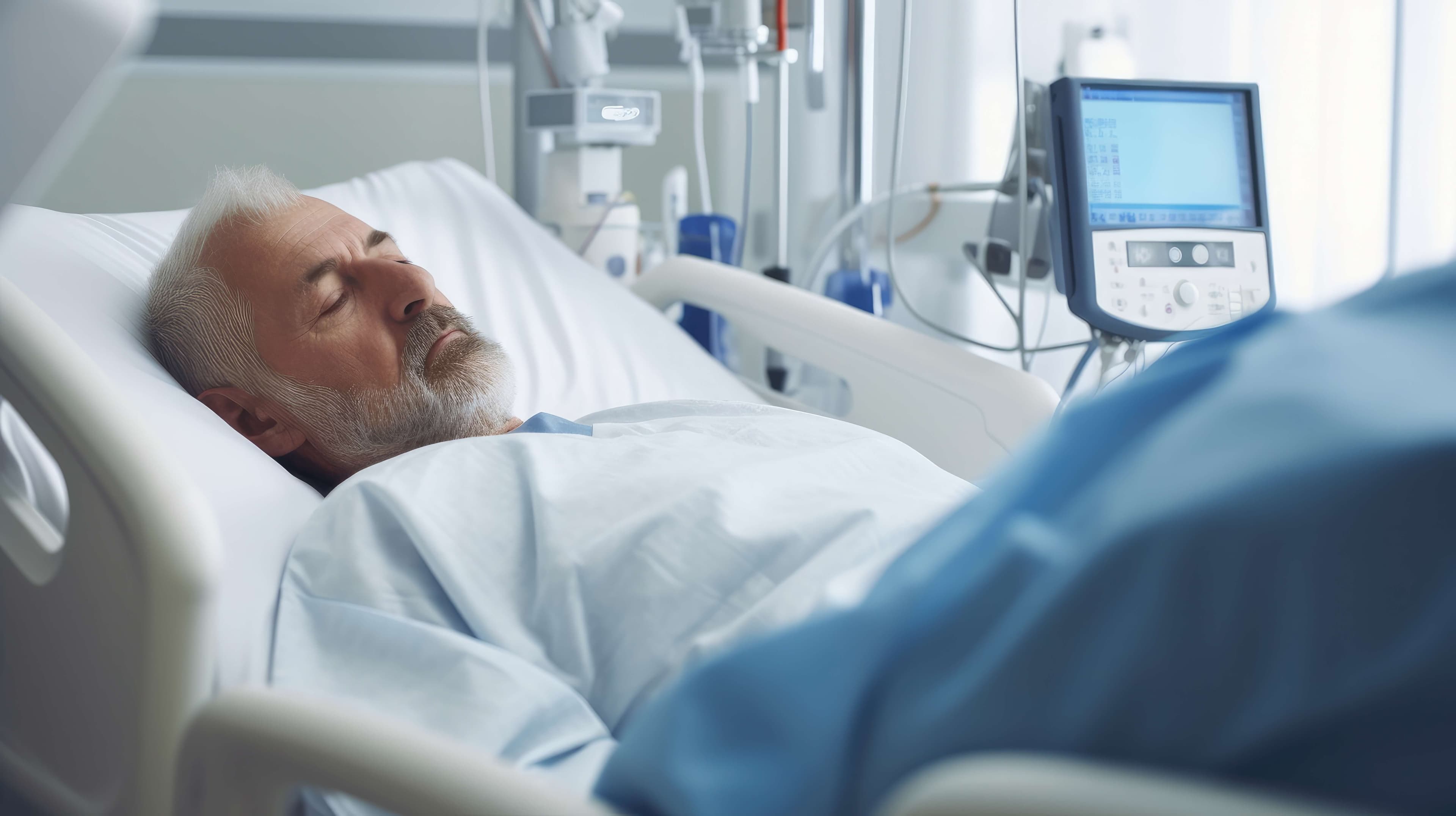 Patient liegt auf dem Bett im Hintergrund.