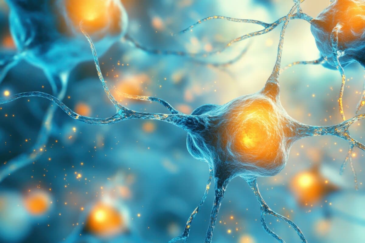 Eine detaillierte Ansicht von Neuronen, die Aktivität mit leuchtenden Verbindungen und lebendigen Farbmustern anzeigen.