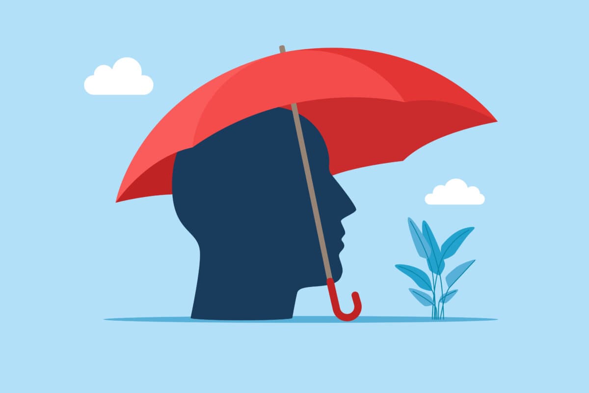 Head under umbrella protects against risk. Business resilient to survive difficulty. Protection, safety, protection Idea. Modern vector illustration in flat style