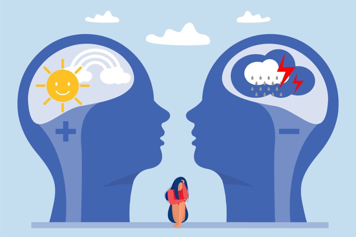 Bipolare Störung: Darstellung einer Frau zwischen Hochstimmung und Depression – Sinnbild für das Wechselspiel
