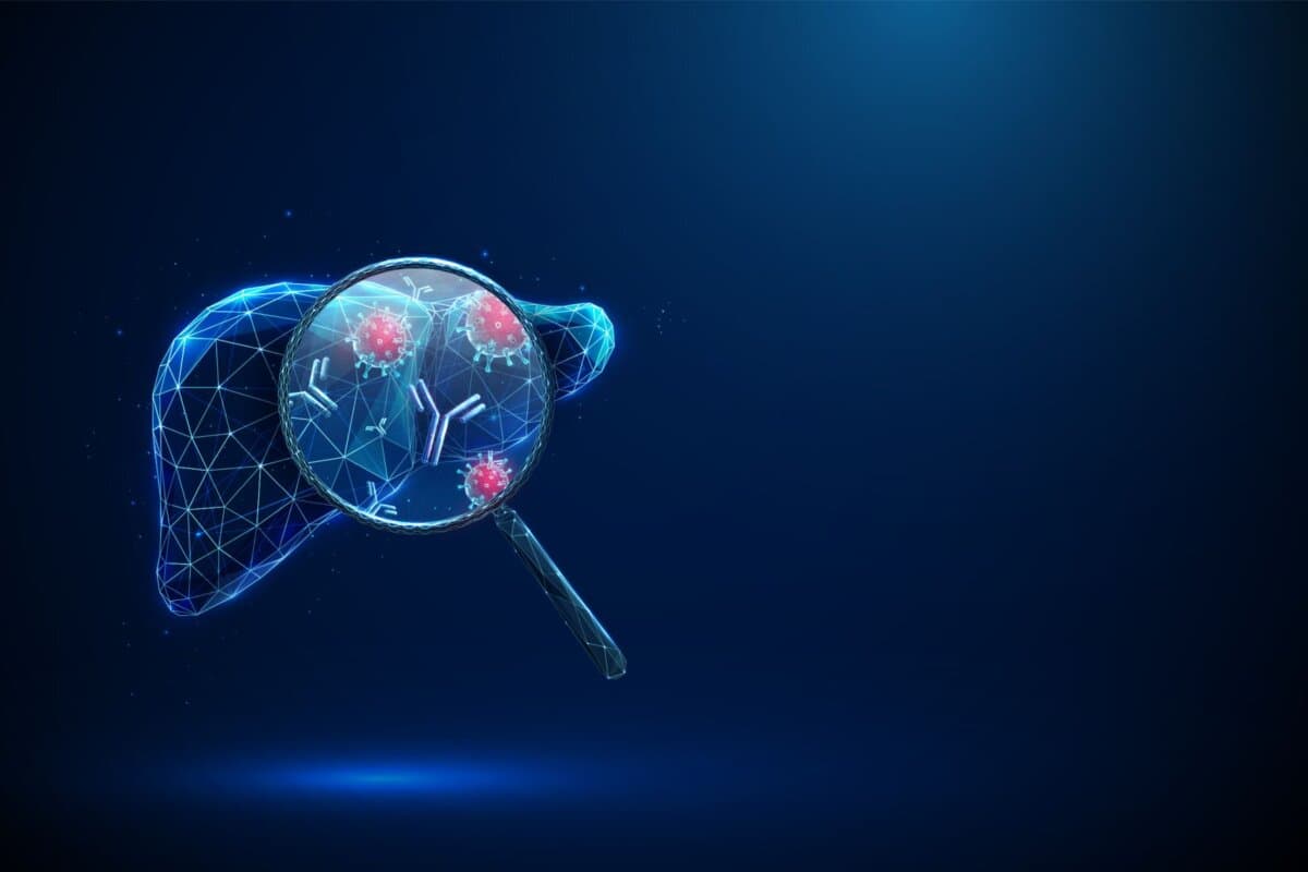 Rote Viren und blaue Antikörper veranschaulichen virale Hepatitis, Immunantwort, serologische Tests und die Diagnostik von