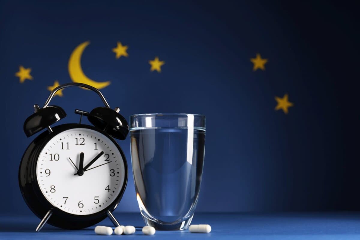 Melatoninpräparate mit Glas Wasser und Wecker vor blauem Nachthintergrund.