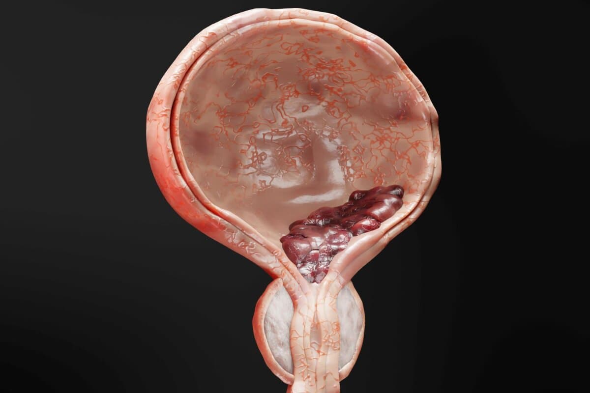 Harnblasenkarzinom: 3D-Illustration verschiedener Tumorstadien mit Darstellung maligner Zellveränderungen und Kompression