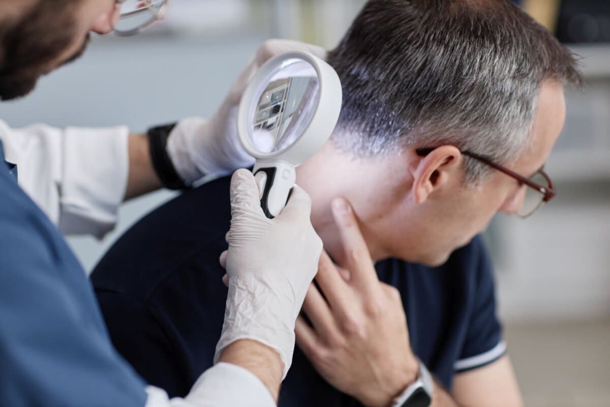 Dermatologische Untersuchung der Kopfhaut bei einem Patienten.
