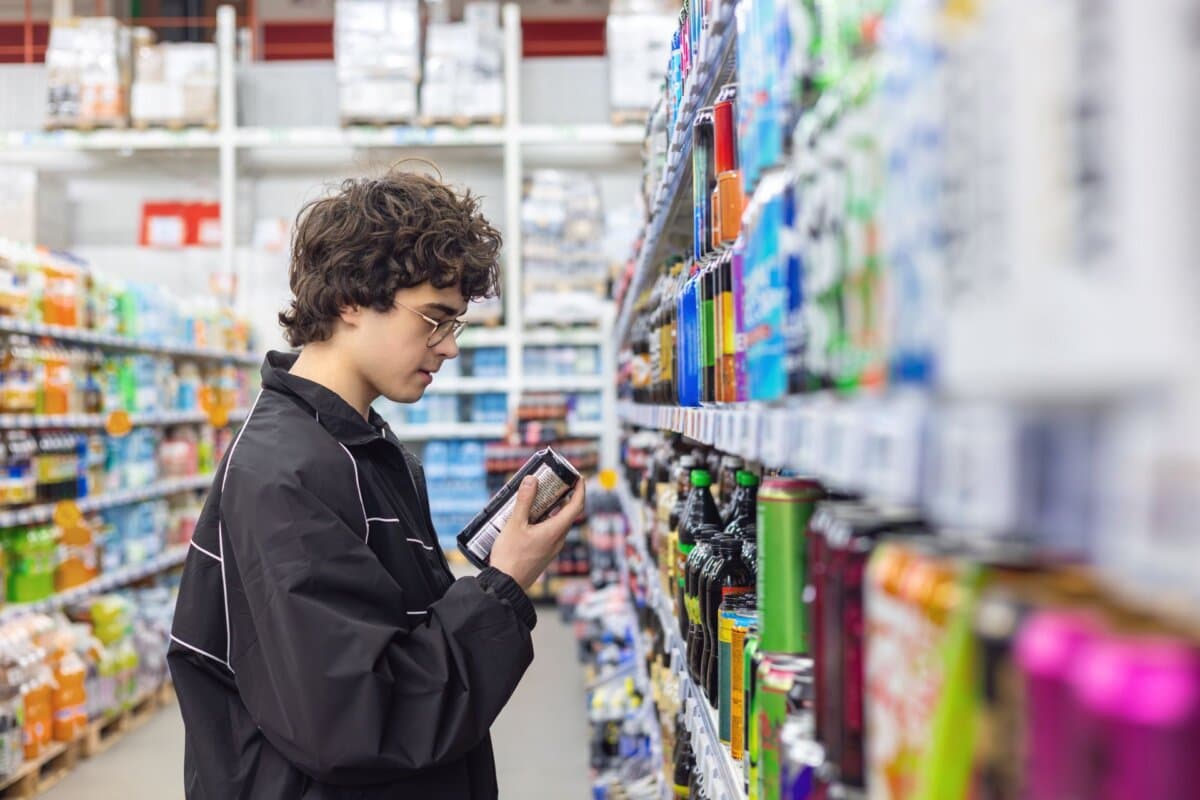 Teenager steht vor dem Regal mit den Energydrinks
