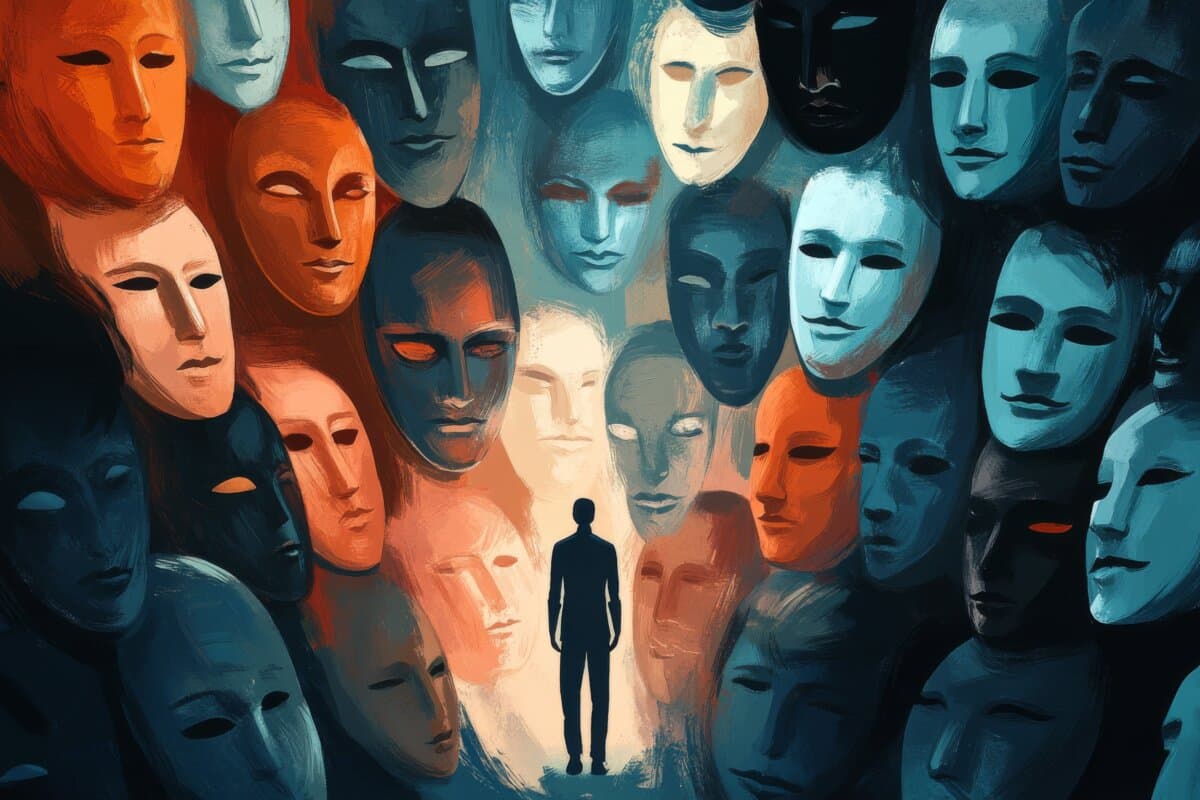 Businessman standing and choosing his mask, multiple personality disorder and schizophrenia