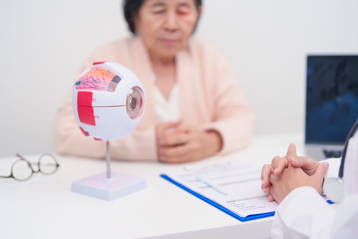 Elderly Patient consulting Doctor to Eye disease, Senior Medical Diagnosis.