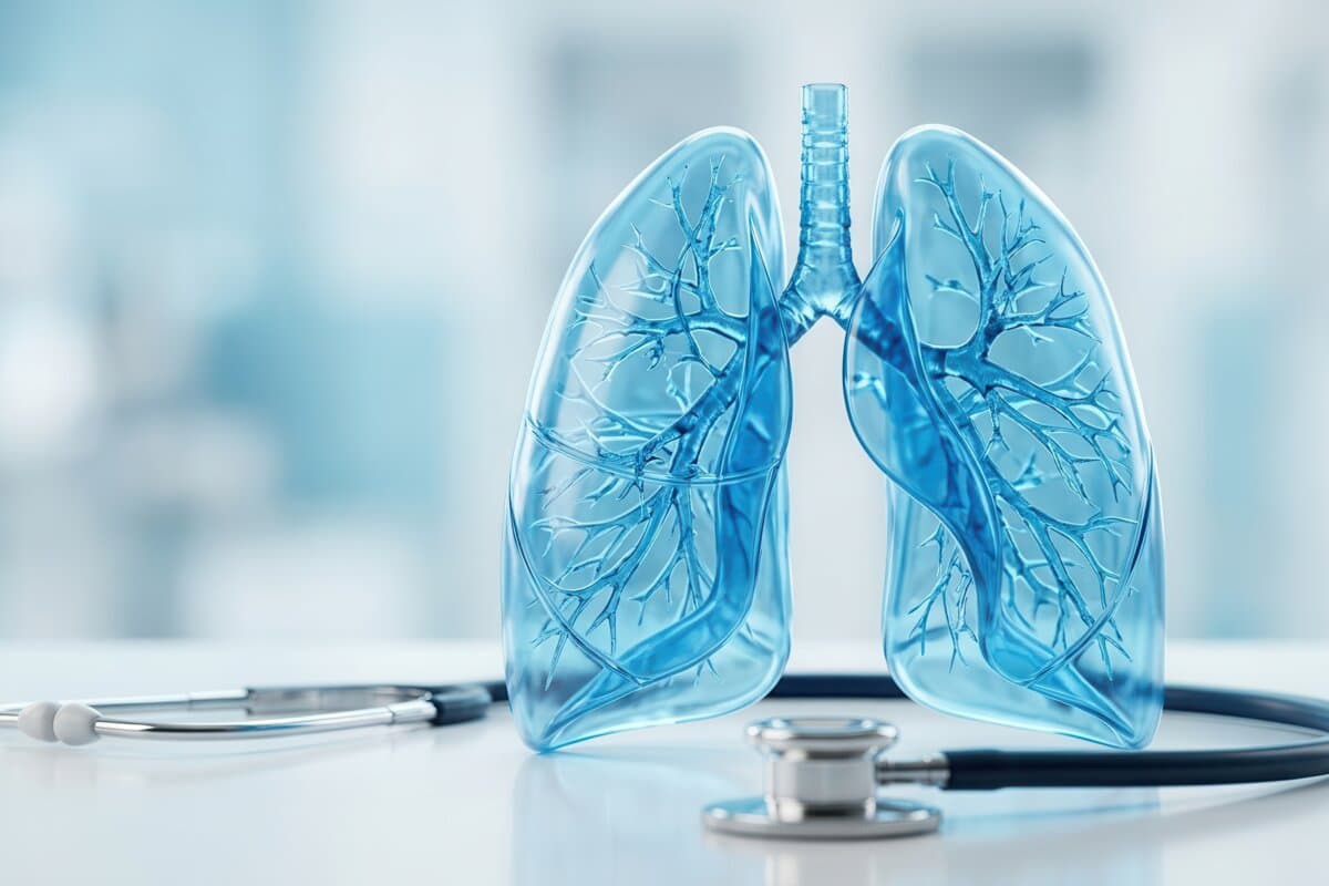 Medical illustration of lungs and stethoscope for diagnosing lung-related diseases.