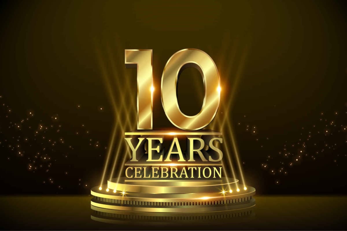 10 years Celebration Golden Jubilee Award Graphics Background. Entertainment Spot Light Hollywood Template  Luxury Premium Corporate Abstract Design Template Banner Certificate.