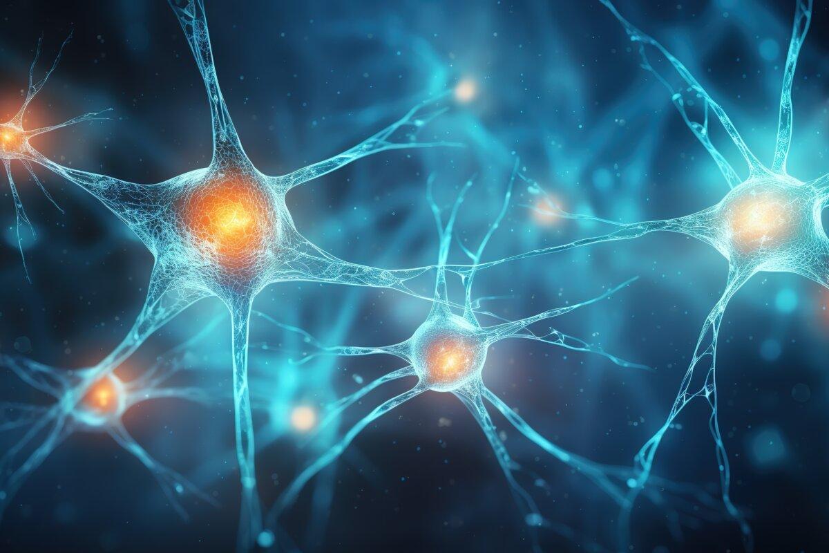 Aktive Nervenzellen. Neuronales Netzwerk mit elektrischer Aktivität von Neuronenzellen.