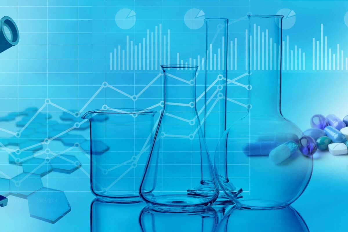 médicaments, verres chimiques, microscope et ADN sur fond bleu, illustration 3D