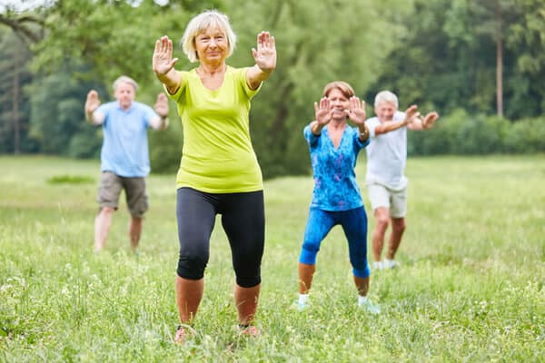 Un petit groupe de personnes âgées font du qi gong ou du tai chi dans le parc.