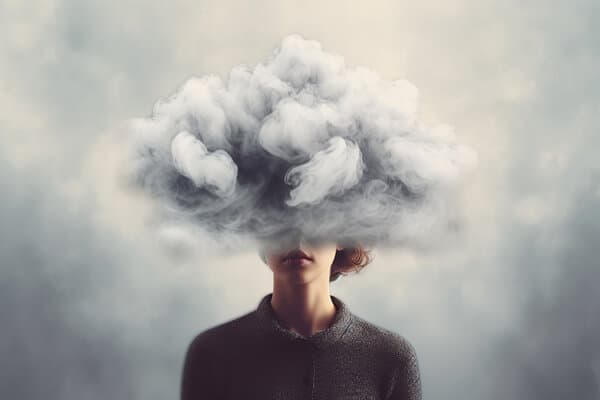 Junge Frau mit Kopf in einer Wolke. Konzept für Depression, Einsamkeit und psychische Gesundheit.