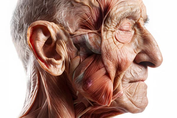 Vue latérale d'un vieil homme âgé, anatomie des muscles internes du visage isolé sur fond blanc