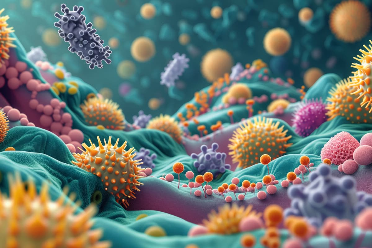 Explorez les paysages invisibles du microbiome, une gamme diversifiée de bactéries, de champignons et de virus