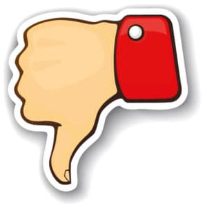 Vector illustration. Thumb down symbol of dislike. Sticker in cartoon style with contour. Decoration for greeting cards, patches, prints for clothes, badges, posters, emblems