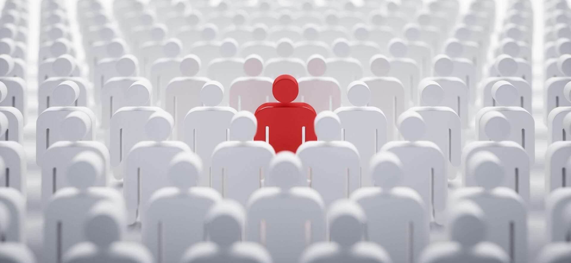 Red 3D man icon as leader between white man icons