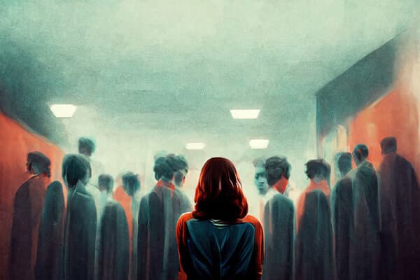 KI-generierte Illustration einer Frau mit sozialer Angst-Attacke