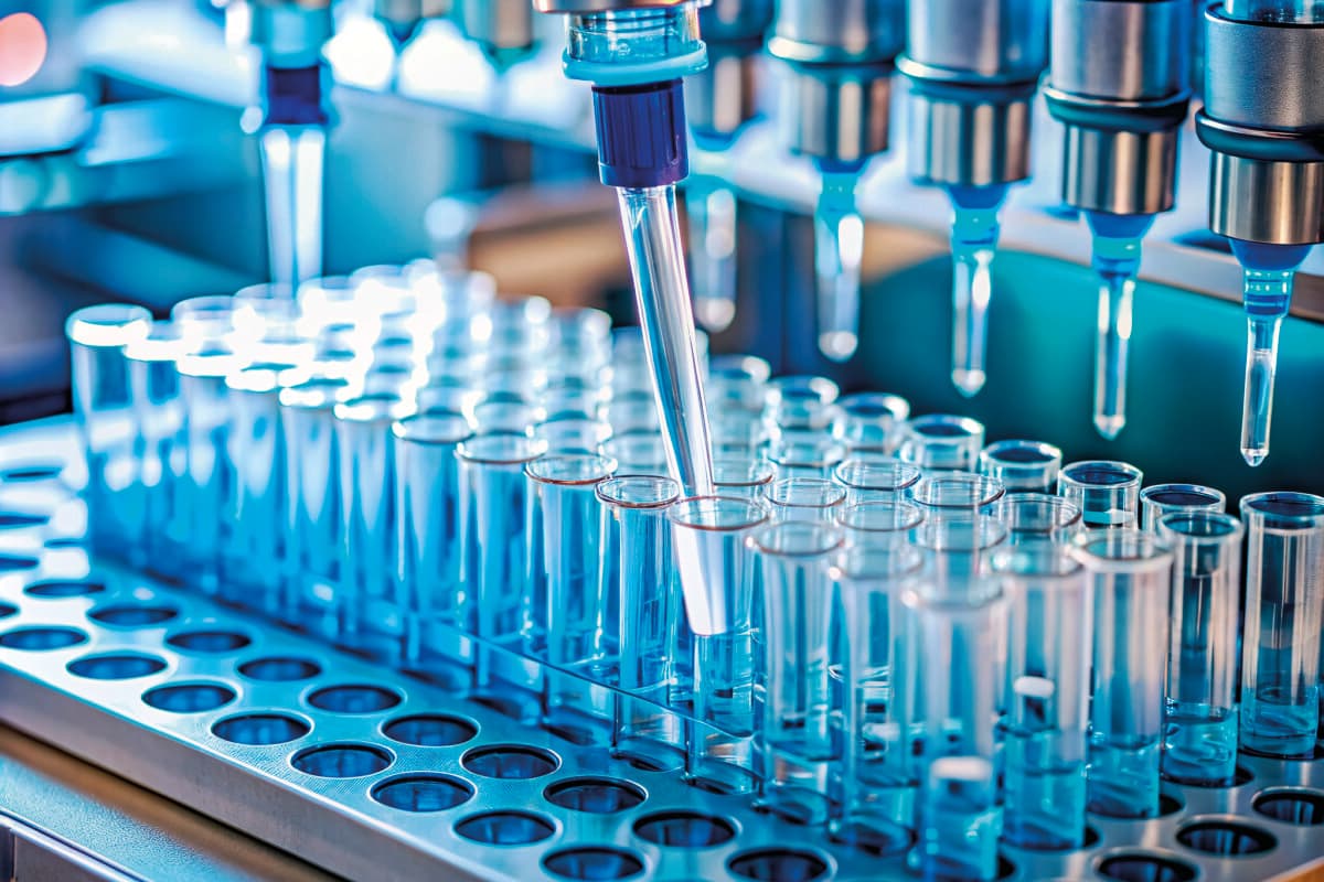 Nahaufnahme einer automatisierten Pipette, die Proben für die wissenschaftliche Forschung in einem biomedizinischen Labor
