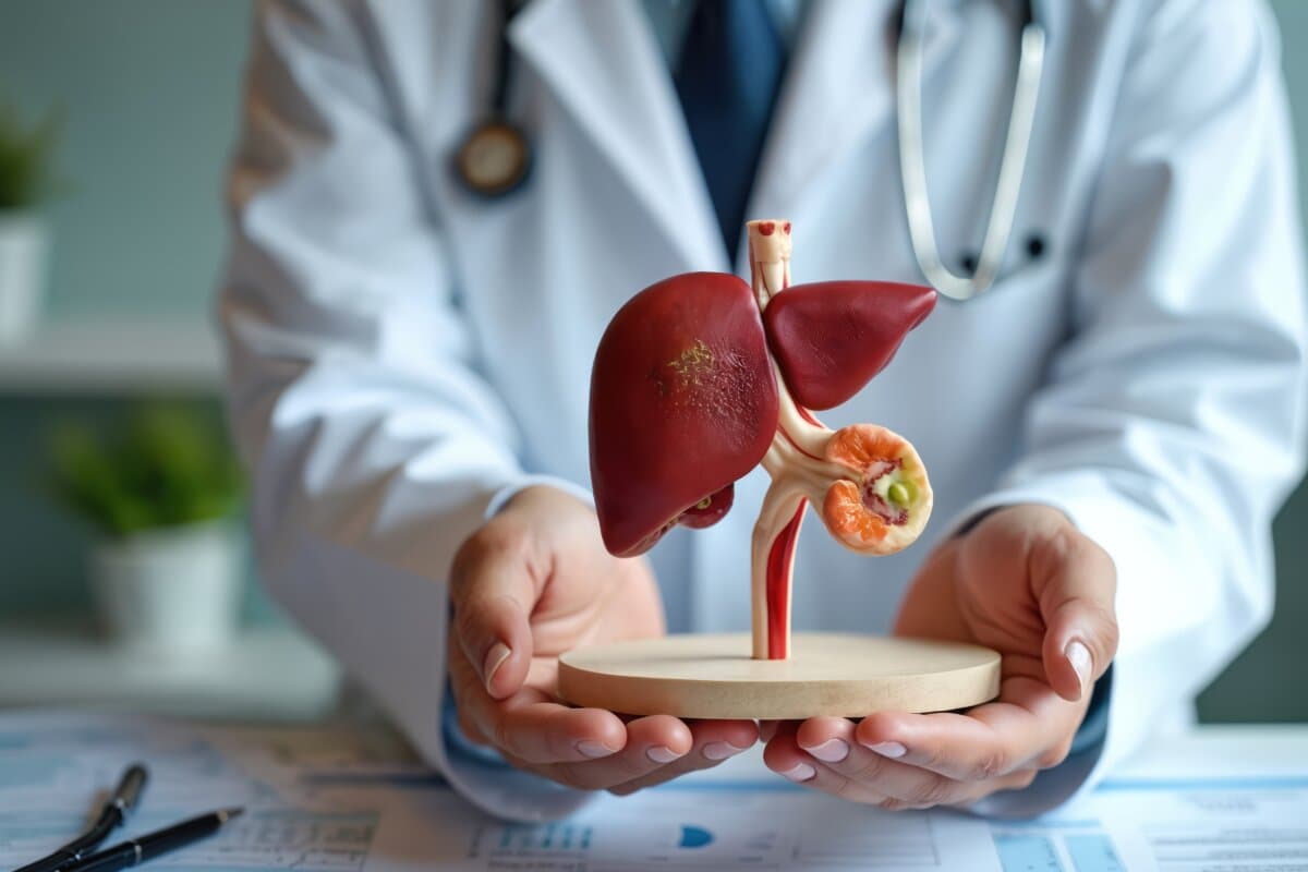 Un médecin tient un modèle anatomique du foie humain. Maladie du foie, cancer, hépatite.