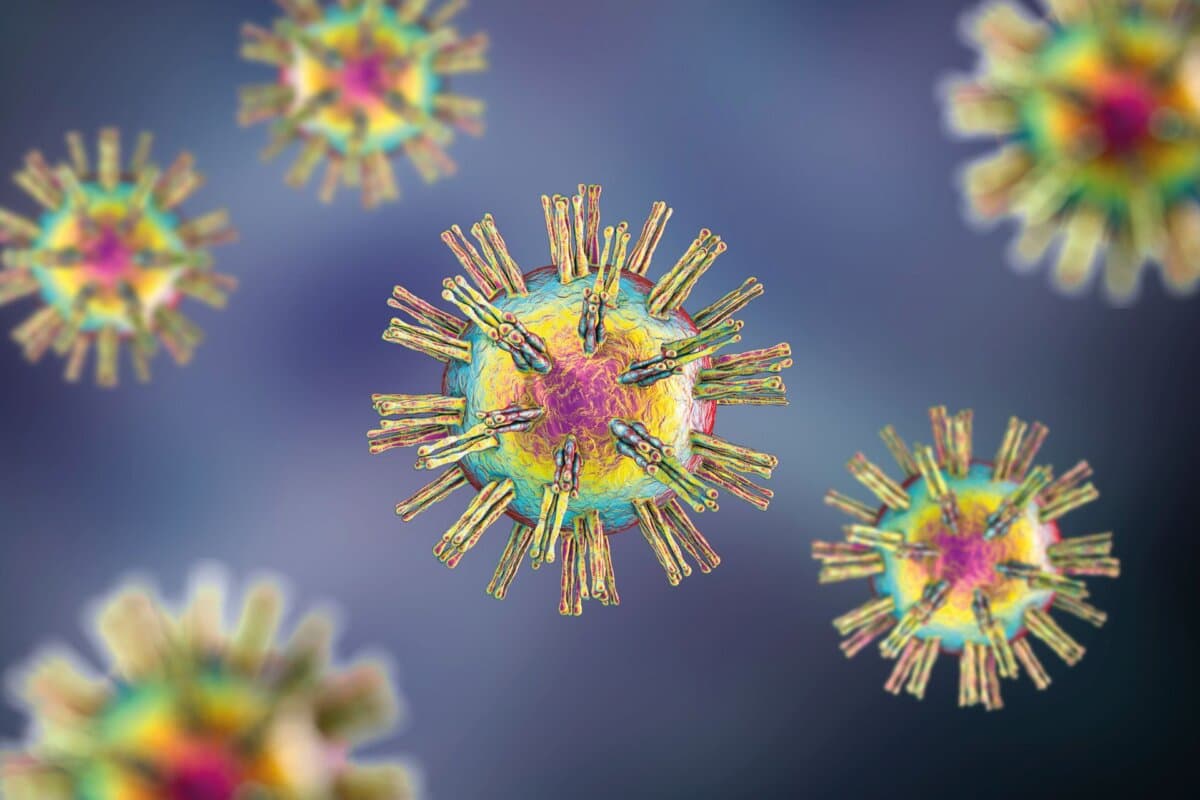 3D-Illustration des Herpes-simplex-Virus (HSV-1 und HSV-2), DNA-Viren aus der Familie der Herpesviridae.