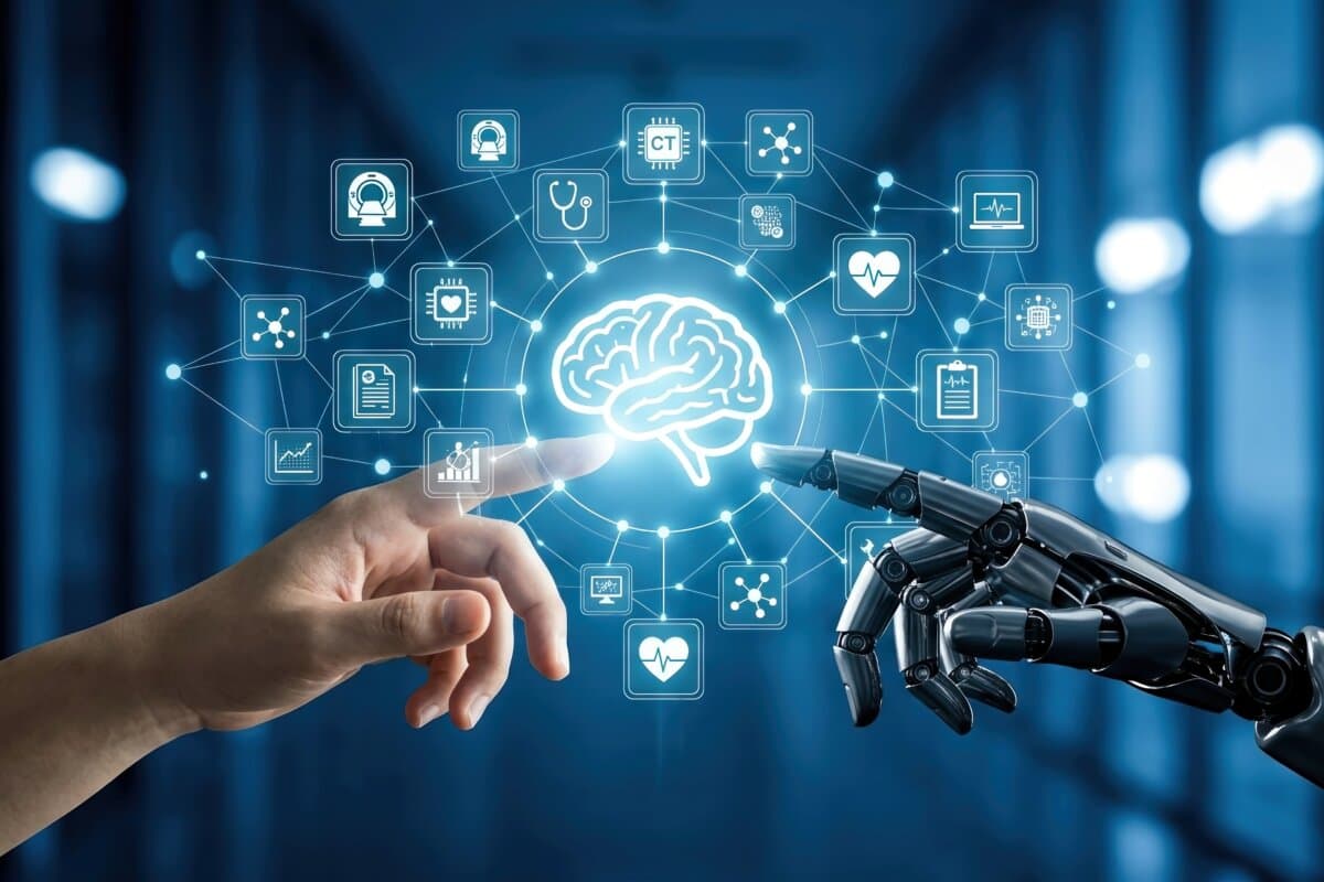 AI diagnostics, artificial intelligence, digital brain, medical technology, healthcare, robotic hand, human-robot