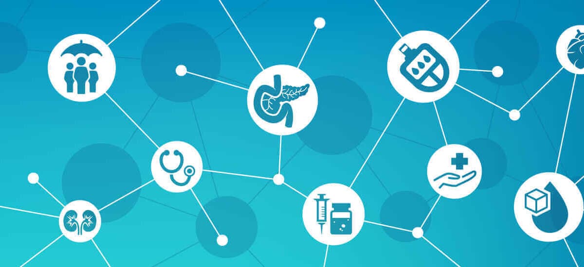 Diabetes vector illustration. Blue banner with icons related to diabetes monitoring and diagnostics, health care, blood glucose check, most affected organs (pancreas, kidneys, heart).