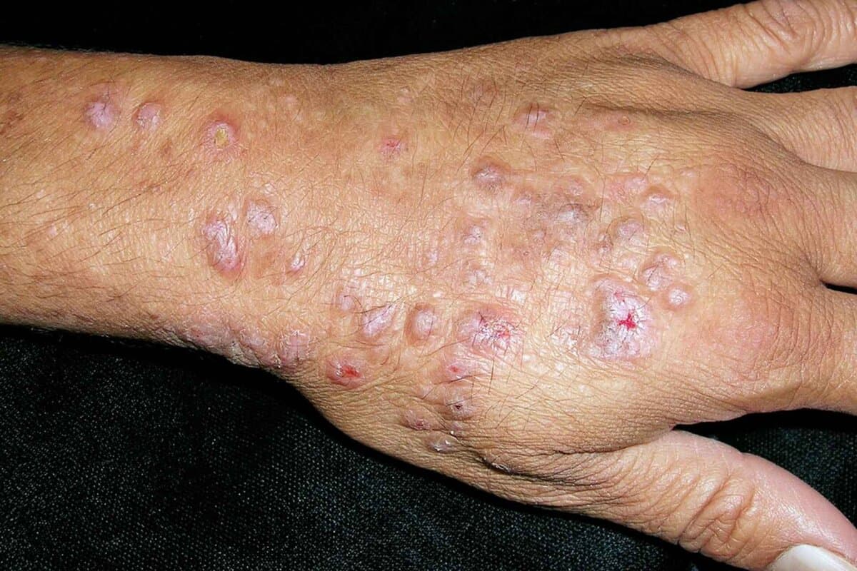 Nodular prurigo on a patient's hand. This condition is characterised by the appearance of very itchy, wart-like bumps, or nodules, on the skin. The bumps occur when the skin has been itched for a long time. Then, the formation of the nodules brings on more severe itching, triggering a cycle that can lead to skin damage (excoriated lesions). The underlying cause of the condition is unknown. For thi