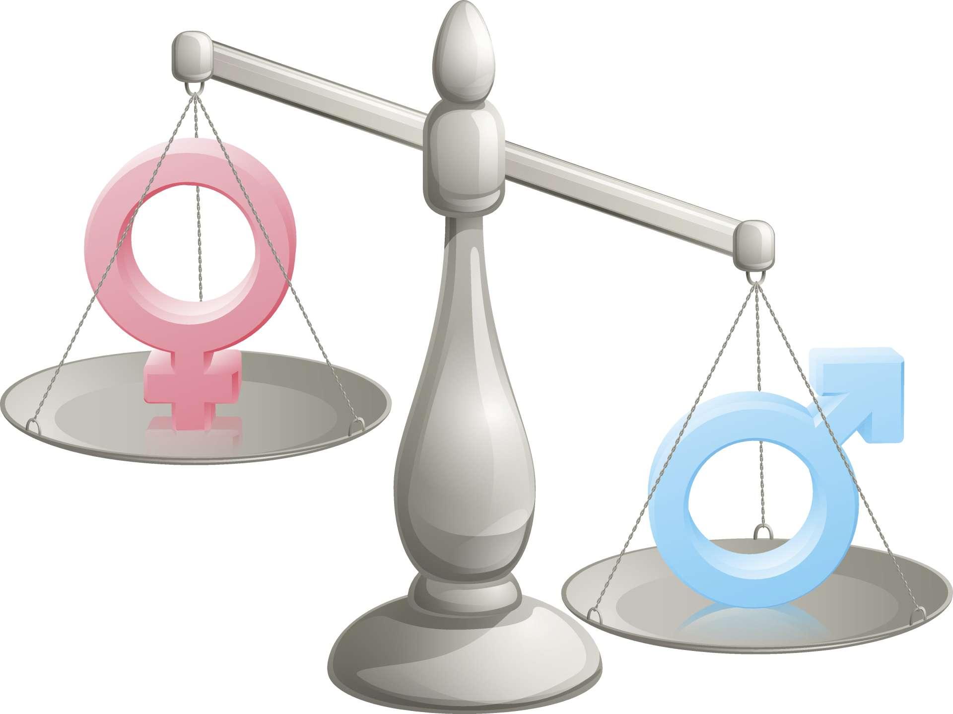 Mann Frau skaliert Konzept mit männlichen und weiblichen Symbolen, wobei der Mann mehr wiegt