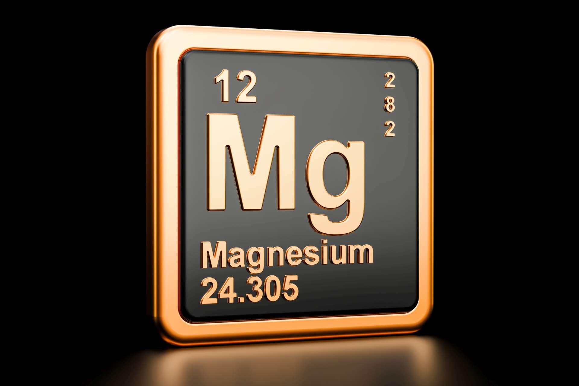 Chemisches Element Magnesium, Mg. 3D-Rendering isoliert auf schwarzem Hintergrund
