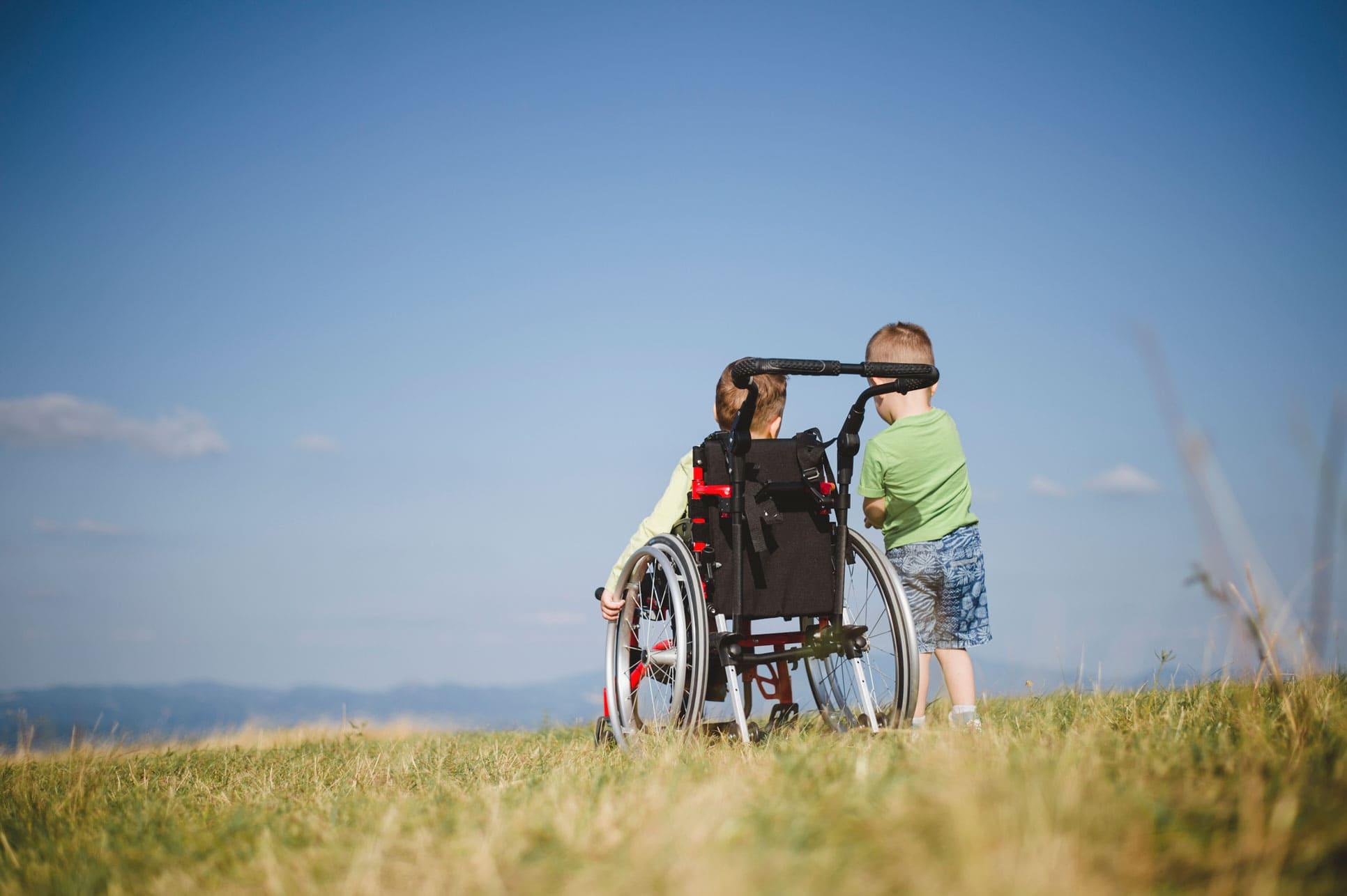 Zwei Kleinkinder auf einer Wiese ein Kleinkind sitzt im Rollstuhl