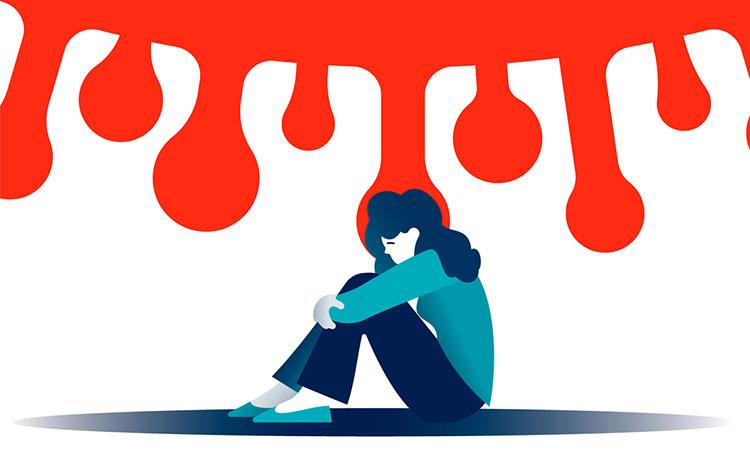 Illustration einer deprimierten am Boden sitzenden Frau mit einer grossen Viruszelle über ihr