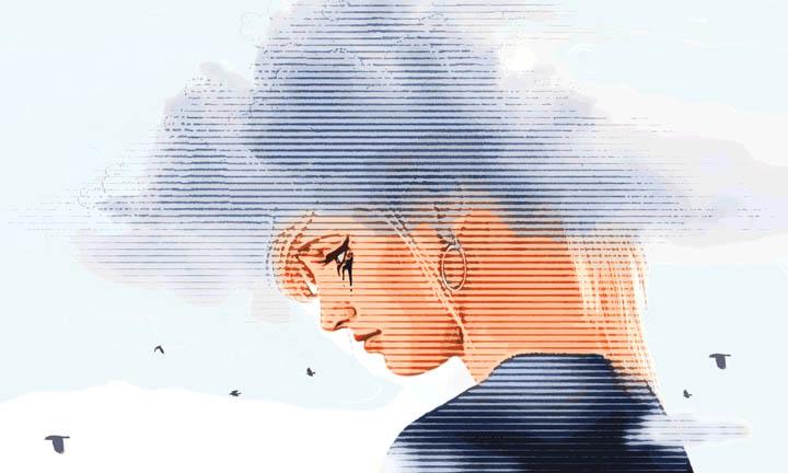 Mental health problems. Woman with storm clouds.