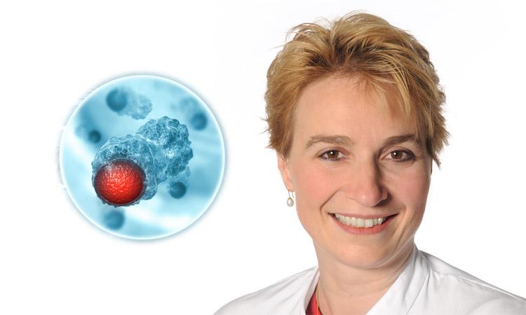 Portrait von Prof. Dr. Viola Heinzelmann-Schwarz mit Abbildung eines Ovarialkarzinoms