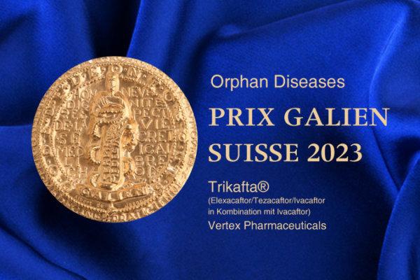 Prix Galien Medaille vor blauem Stoffhintergrund mit Infotext zu Prix Gallien Suisse 2023 - Orphan Diseases